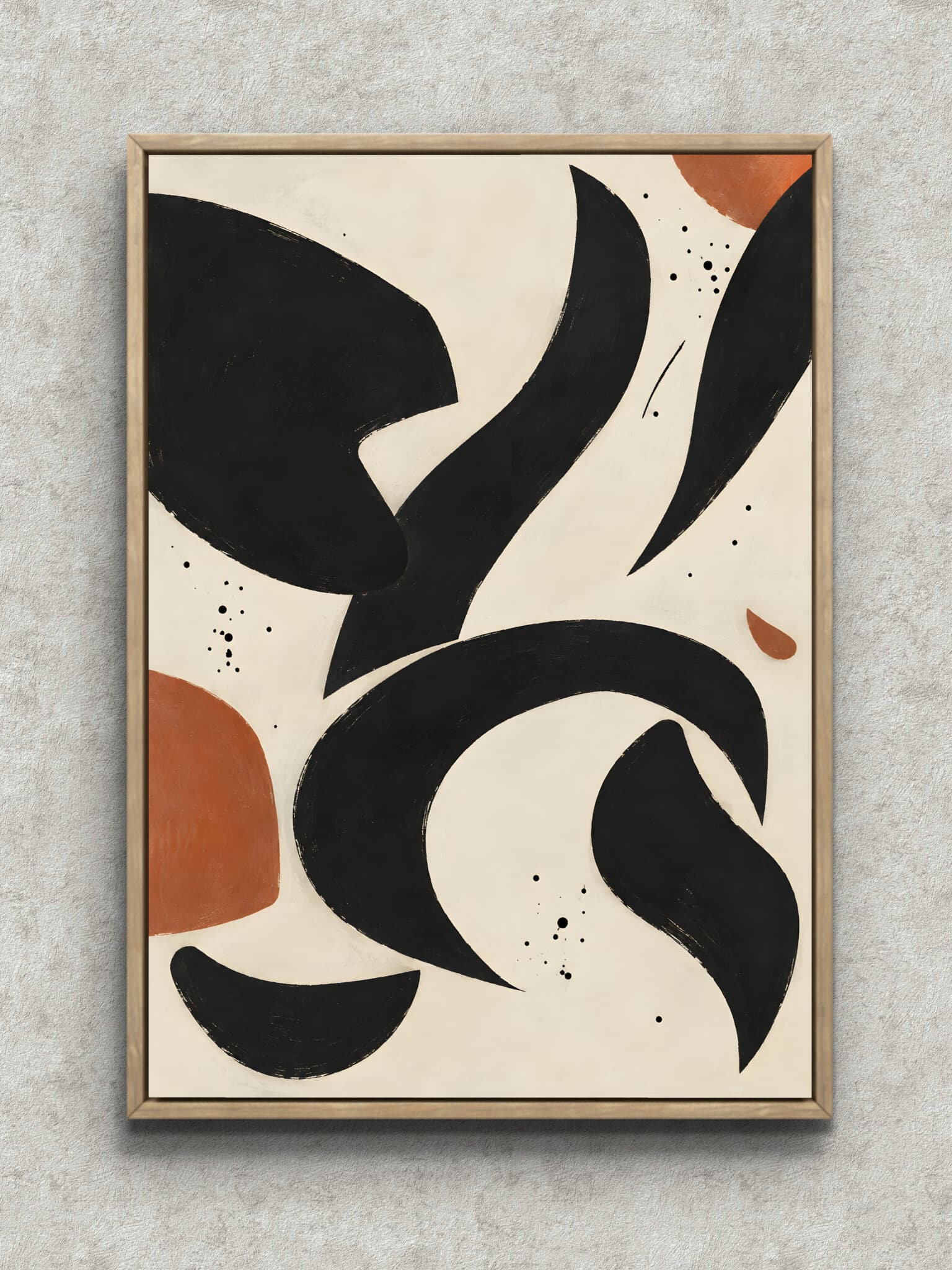 black-curve-geometric-interior-art-main-1-ma-11113.jpg 黒い半月形とテラコッタの弧を描いた余白のある幾何学アートのアートパネル フレーム設置イメージ