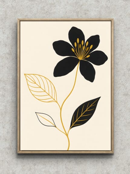 黒とゴールドで花と葉を描いた縦構図のボタニカルアートパネル フレーム設置イメージ