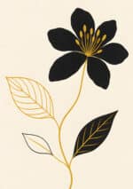 黒とゴールドで花と葉を描いた縦構図のボタニカルアートパネル