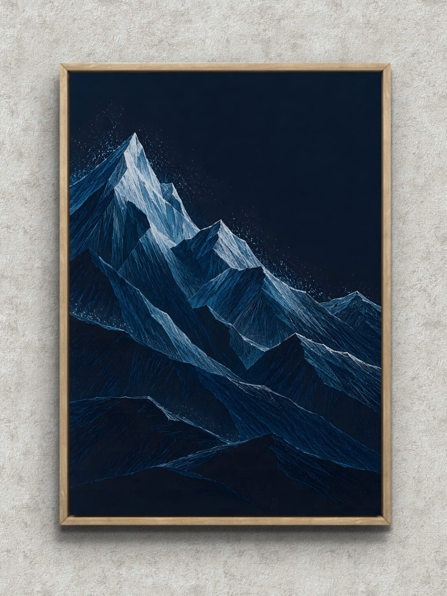 blue-mountain-interior-main-1-ma-11138.jpg 濃紺の空と鋭い雪山の稜線を描いた縦構図の風景アートパネル フレーム設置イメージ