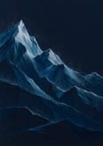 濃紺の空と鋭い雪山の稜線を描いた縦構図の風景アートパネル