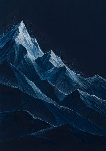 濃紺の空と鋭い雪山の稜線を描いた縦構図の風景アートパネル