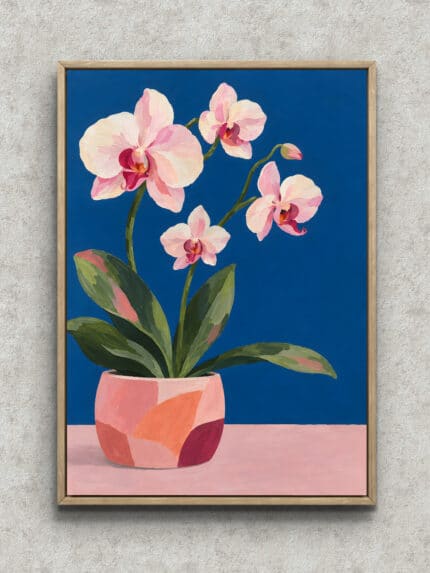 ロイヤルブルーの背景に淡いピンクの胡蝶蘭を描いたナチュラル 絵画のアートパネル フレーム設置イメージ
