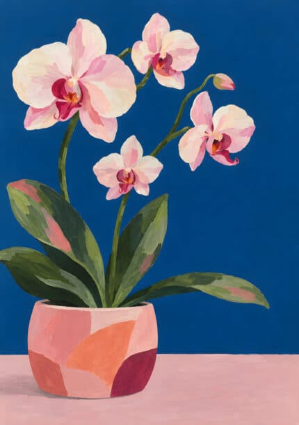 ロイヤルブルーの背景に淡いピンクの胡蝶蘭を描いたナチュラル 絵画のアートパネル