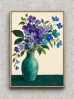 青紫の花束とターコイズの花瓶を描いた静かなフラワーアートパネル フレーム設置イメージ