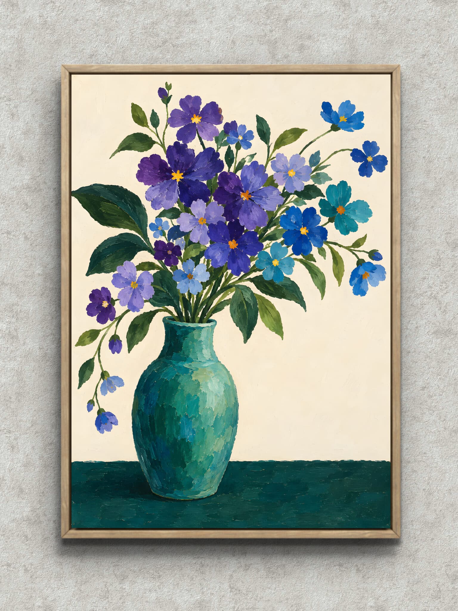 blue-purple-flower-vase-art-panel-main-1-ma-11155.jpg 青紫の花束とターコイズの花瓶を描いた静かなフラワーアートパネル フレーム設置イメージ