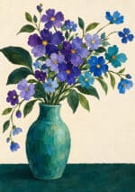 青紫の花束とターコイズの花瓶を描いた静かなフラワーアートパネル
