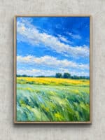 青空と花畑が広がる風景を描いたフラワーアートパネル フレーム設置イメージ