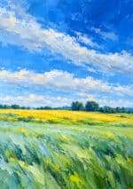 青空と花畑が広がる風景を描いたフラワーアートパネル