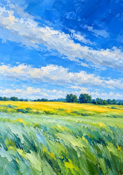青空と花畑が広がる風景を描いたフラワーアートパネル