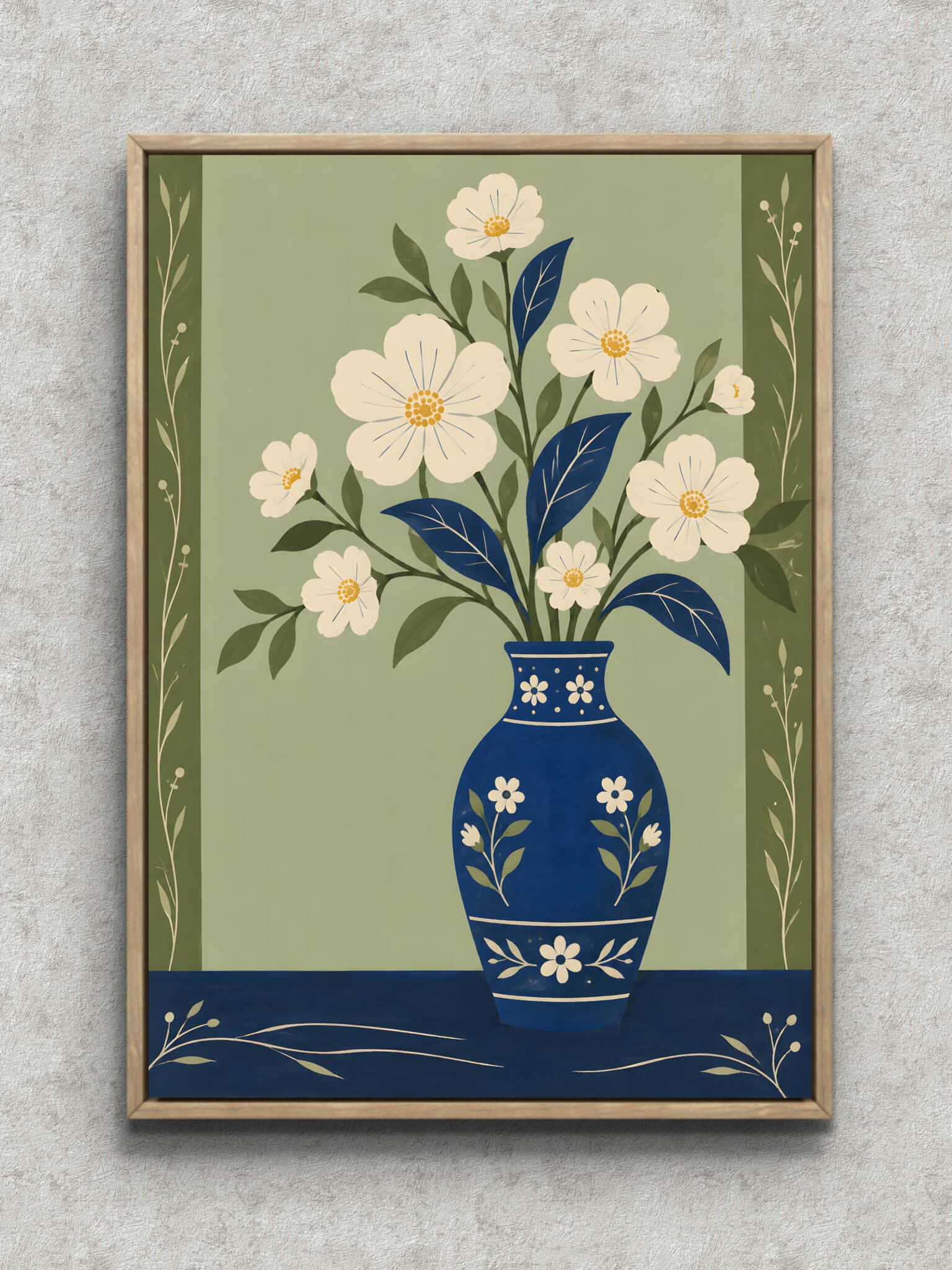 blue-vase-white-flower-living-interior-art-main-1-ma-11142.jpg 青い花瓶に白い花を活けた縦構図のフラワーアートパネル フレーム設置イメージ