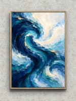 濃紺と水色の渦が流れる蒼波の律動の抽象アートパネル フレーム設置イメージ