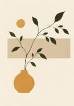 深緑の枝葉と黄土色の花瓶を余白多めに描いたボタニカルアートパネル