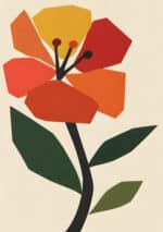 赤やオレンジの花びらと深緑の葉を描いた縦構図のリーフ 壁掛けアートのアートパネル