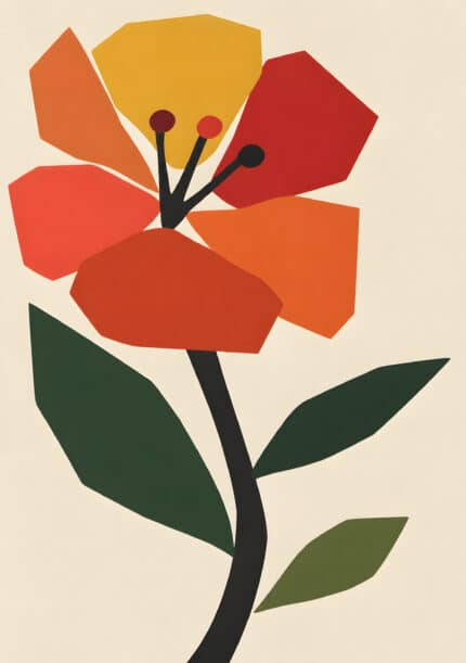 赤やオレンジの花びらと深緑の葉を描いた縦構図のリーフ 壁掛けアートのアートパネル