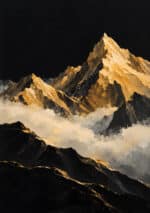 黒い空に金色の山峰と雲海が重なる風景アートパネル