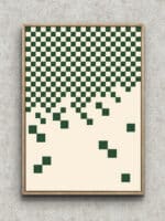 深緑の正方形が上部から崩れる構成のグリーンの抽象 アートパネル フレーム設置イメージ