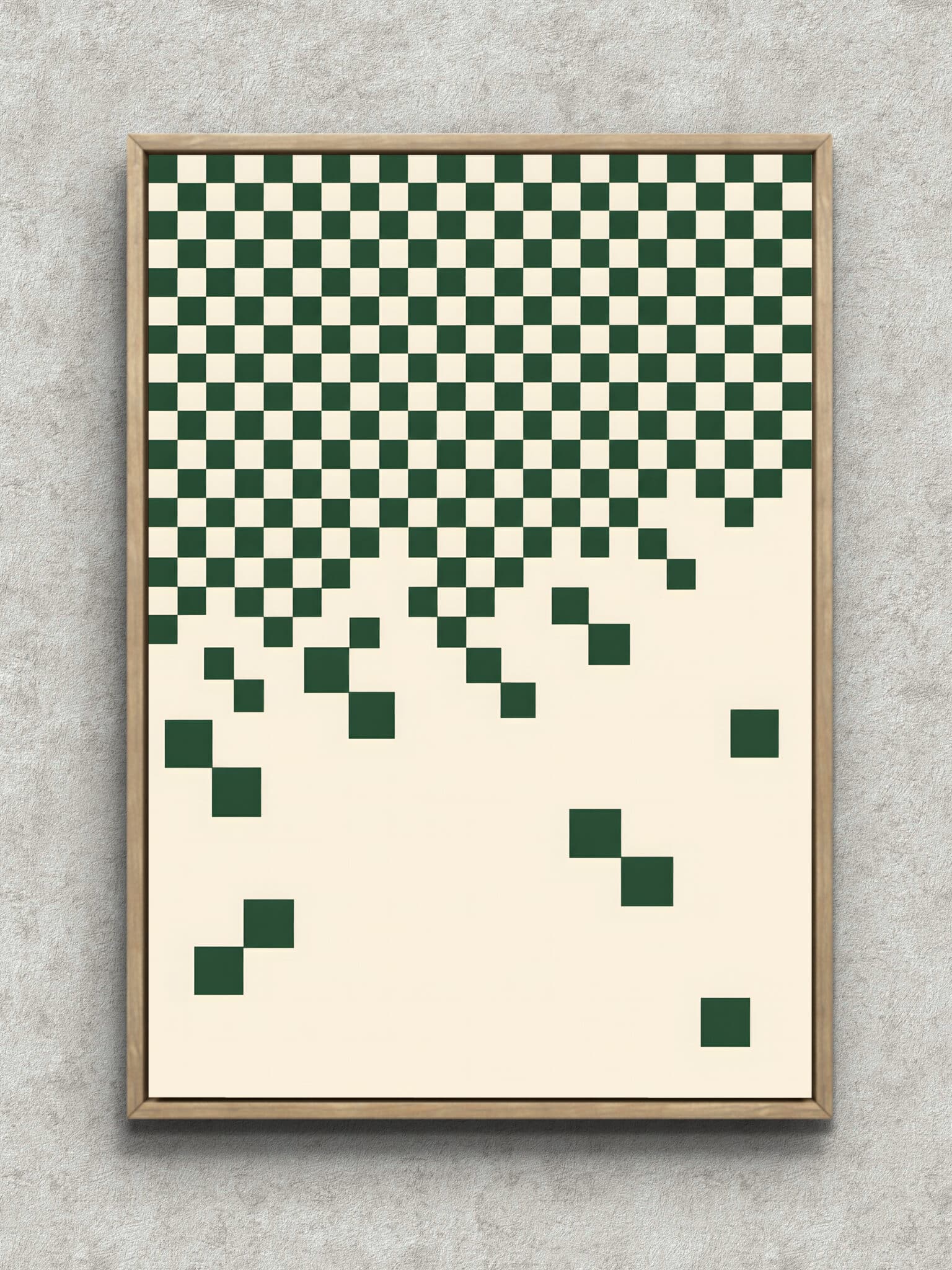 green-grid-abstract-art-panel-main-1-ma-11128.jpg 深緑の正方形が上部から崩れる構成のグリーンの抽象 アートパネル フレーム設置イメージ