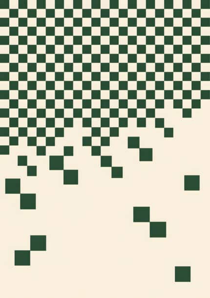 深緑の正方形が上部から崩れる構成のグリーンの抽象 アートパネル
