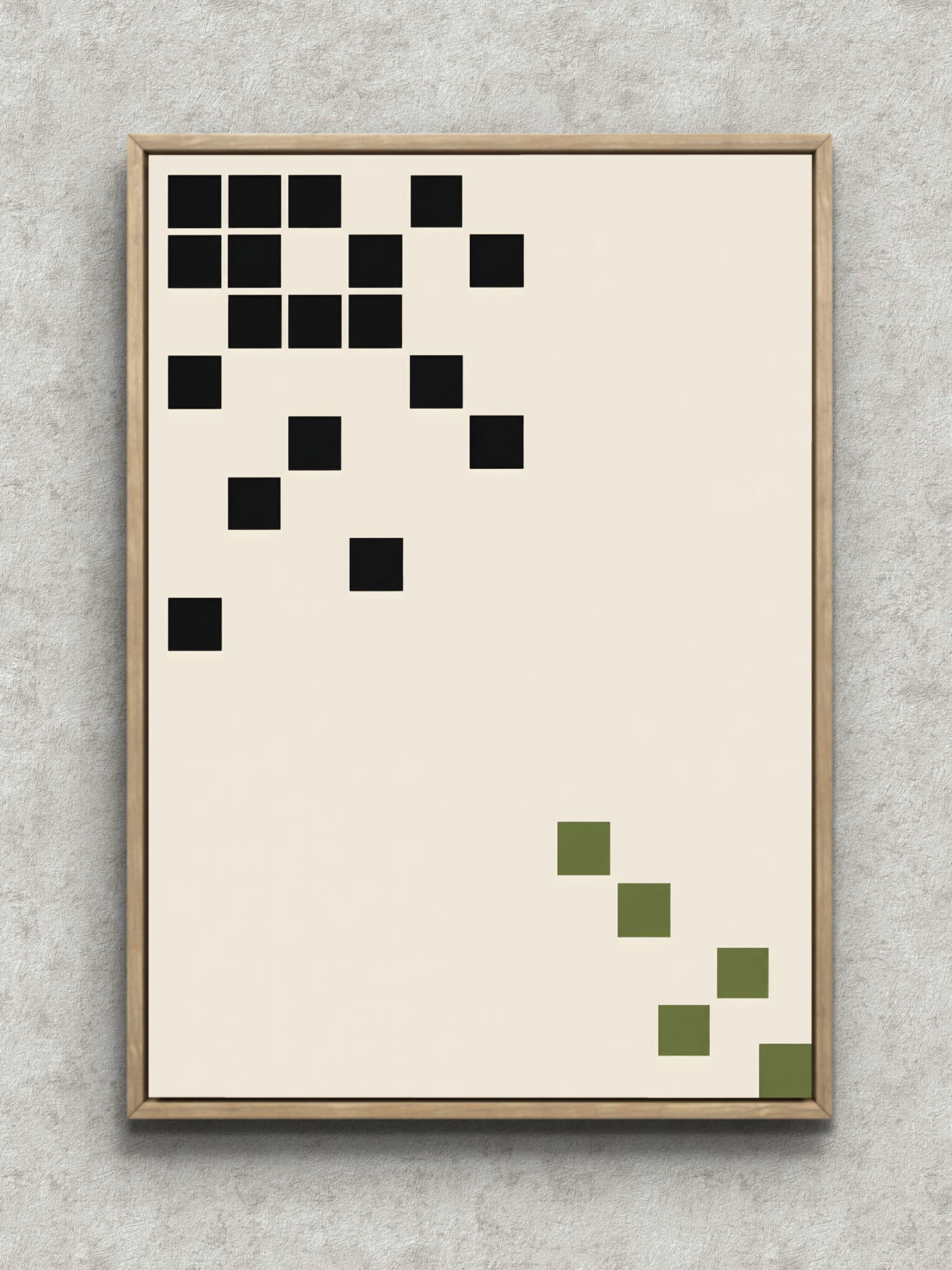 grid-whitespace-geometric-interior-art-main-1-ma-11126.jpg 黒とオリーブの正方形を余白に散らした幾何学 インテリアアート フレーム設置イメージ