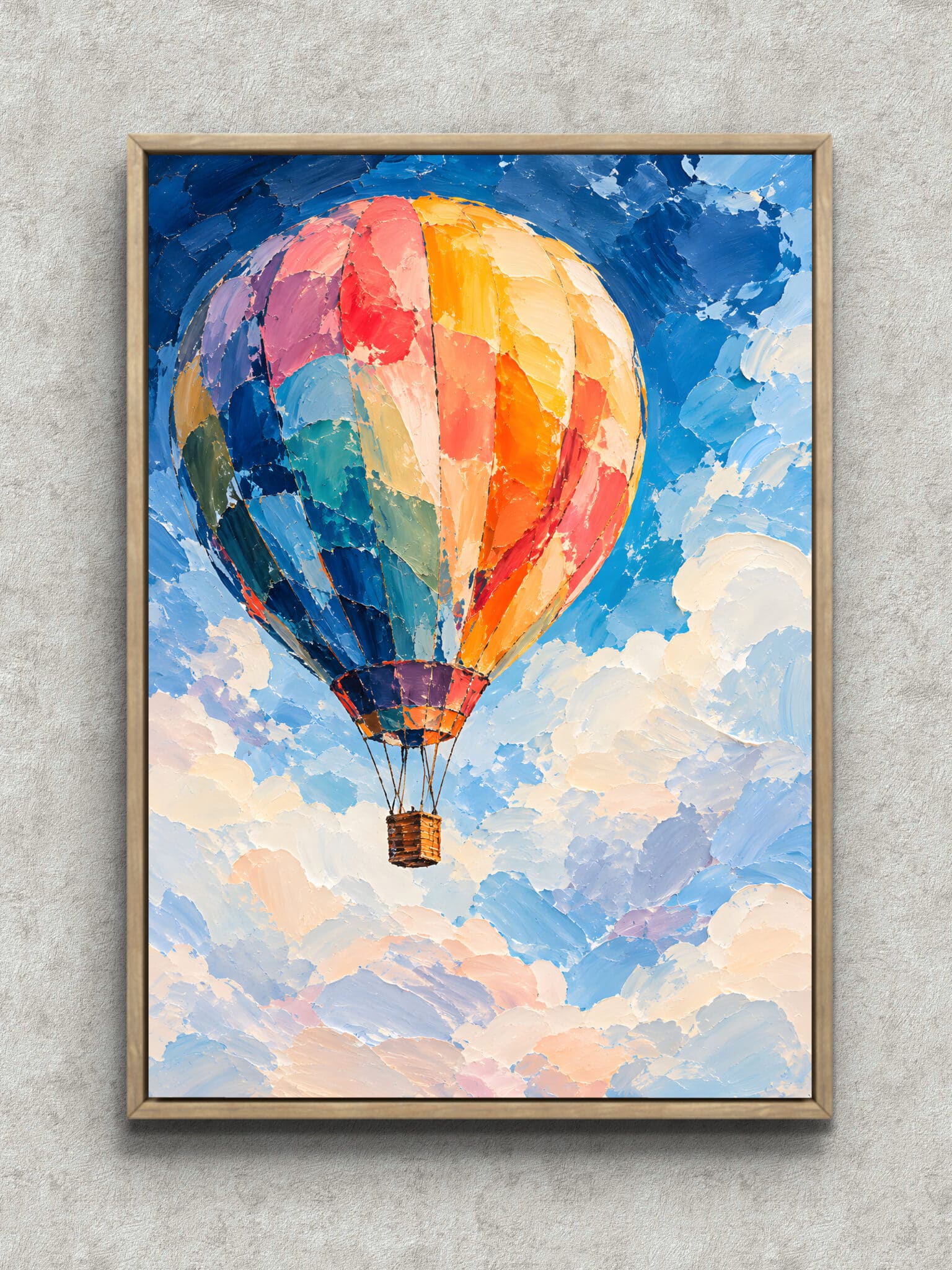 hot-air-balloon-sky-interior-art-main-1-ma-11176.jpg 青空と雲の上に色鮮やかな熱気球が浮かぶ風景アートパネル フレーム設置イメージ
