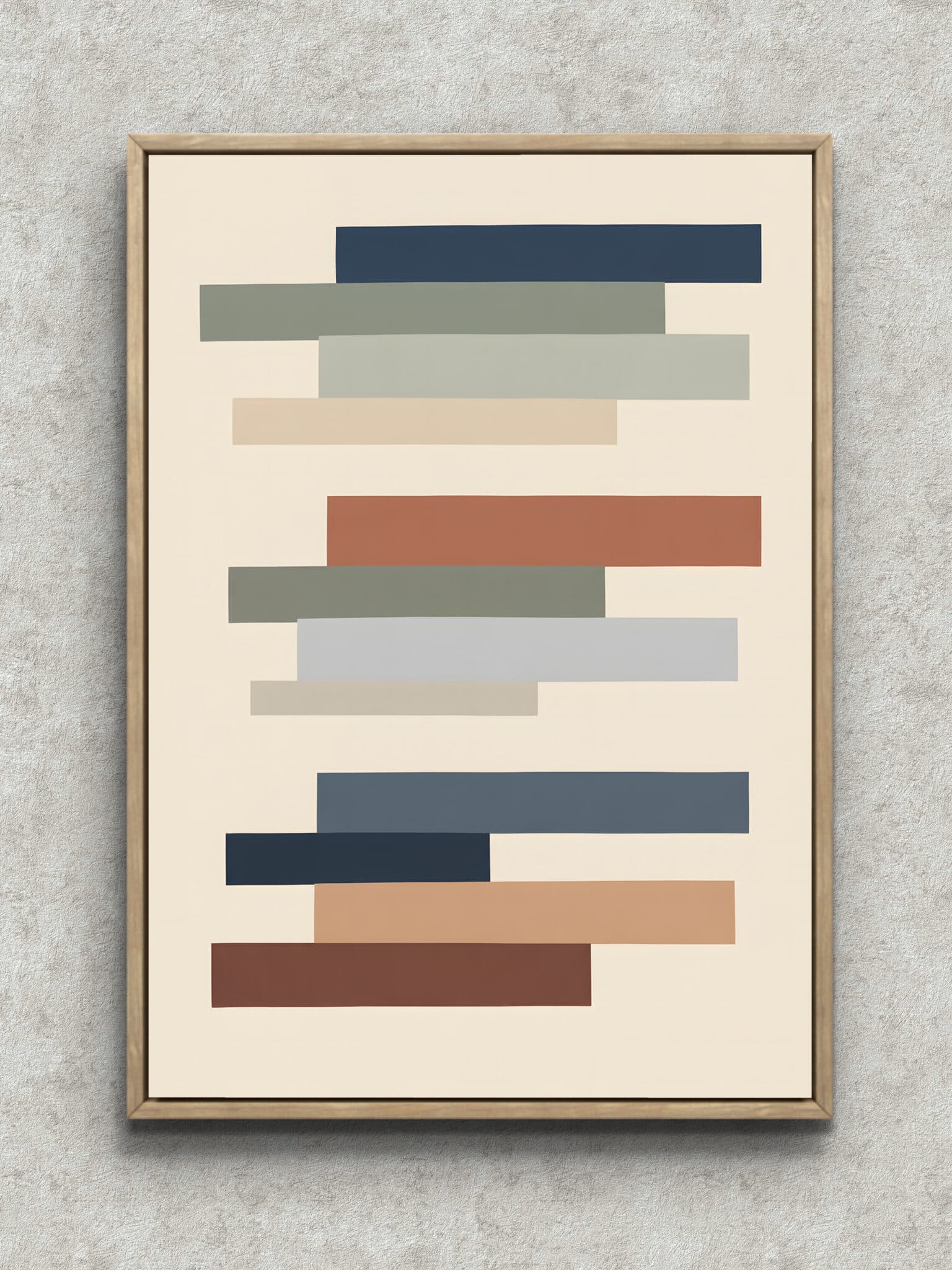 layered-rectangle-living-interior-art-main-1-ma-11116.jpg くすみ色の長方形を段状に重ねたミニマルな抽象アートパネル フレーム設置イメージ