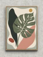 くすみグリーンのモンステラを抽象的に描いた縦構図のボタニカルアートパネル フレーム設置イメージ