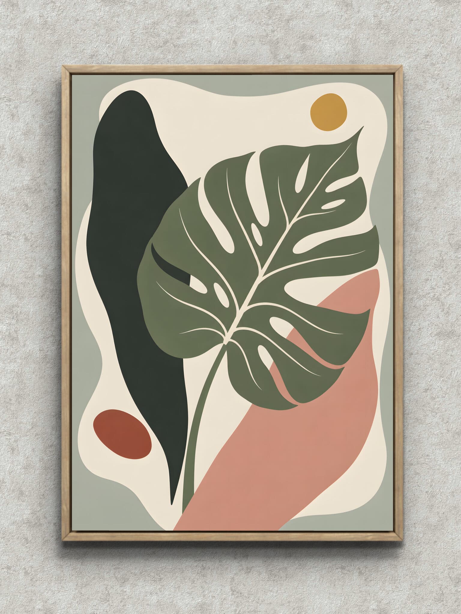 monstera-geometric-interior-art-main-1-ma-11153.jpg くすみグリーンのモンステラを抽象的に描いた縦構図のボタニカルアートパネル フレーム設置イメージ