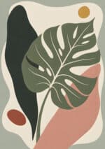 くすみグリーンのモンステラを抽象的に描いた縦構図のボタニカルアートパネル