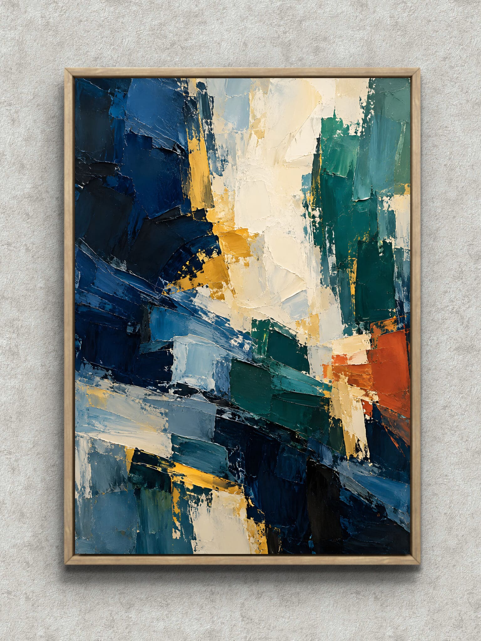 navy-crossing-abstract-interior-main-1-ma-11158.jpg 濃紺と白にターコイズと黄土色が交差する縦構図の抽象アートパネル フレーム設置イメージ