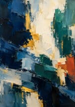 濃紺と白にターコイズと黄土色が交差する縦構図の抽象アートパネル