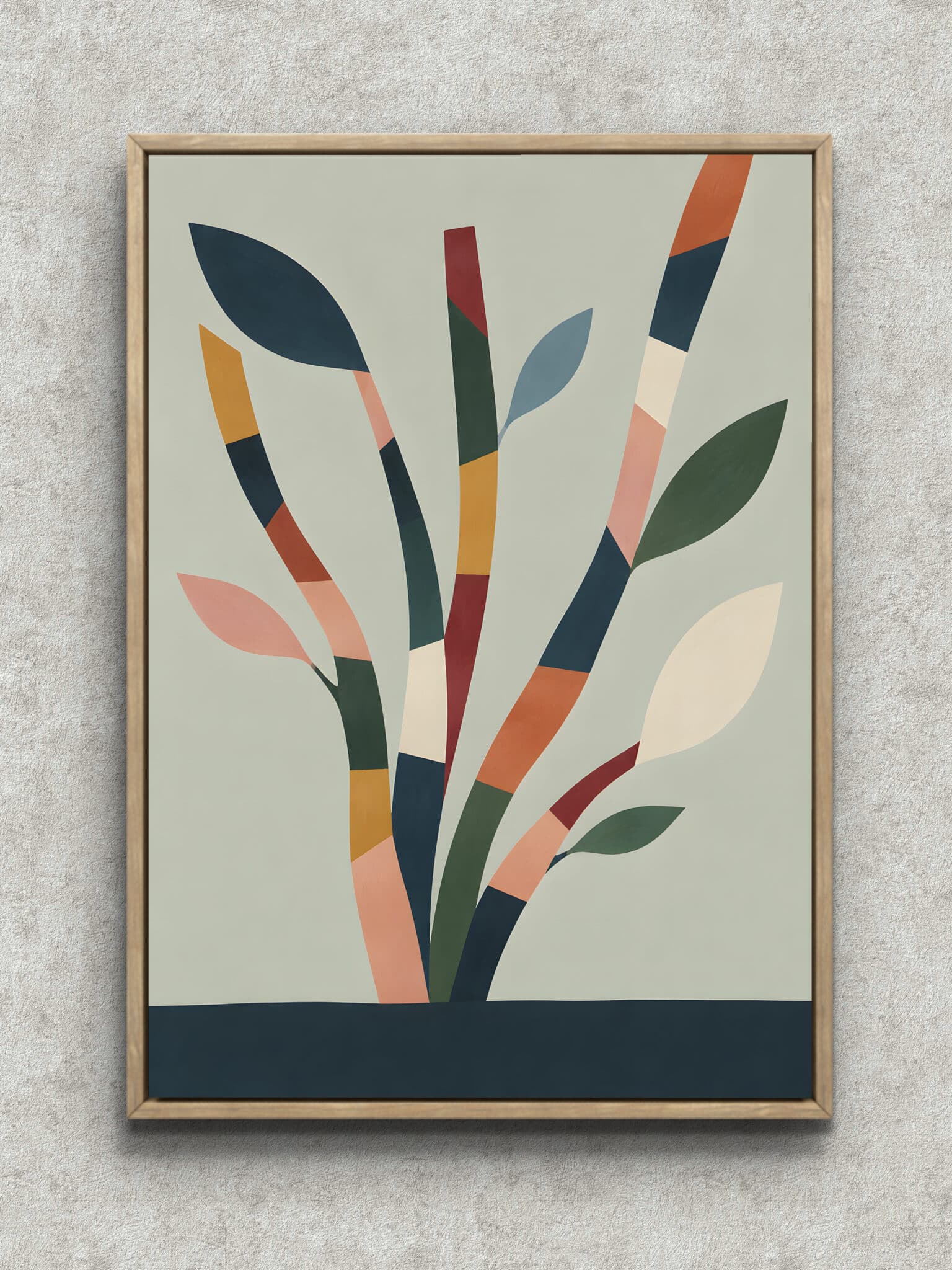 nordic-leaf-art-panel-main-1-ma-11118.jpg くすみグリーンとネイビーの枝葉が伸びる北欧 リーフ アートパネル フレーム設置イメージ