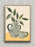 葉の枝ものを花瓶に挿しカップを添えた北欧 リーフ アートパネル フレーム設置イメージ