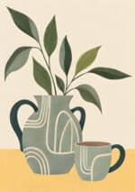 葉の枝ものを花瓶に挿しカップを添えた北欧 リーフ アートパネル