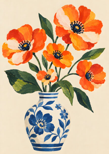 オレンジの花と青い器を描いた手描き風のフラワーアートパネル