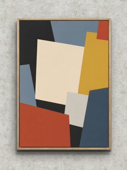 斜めに重なる黒と生成りの色面で構成されたモダンな絵画 インテリアのアートパネル フレーム設置イメージ