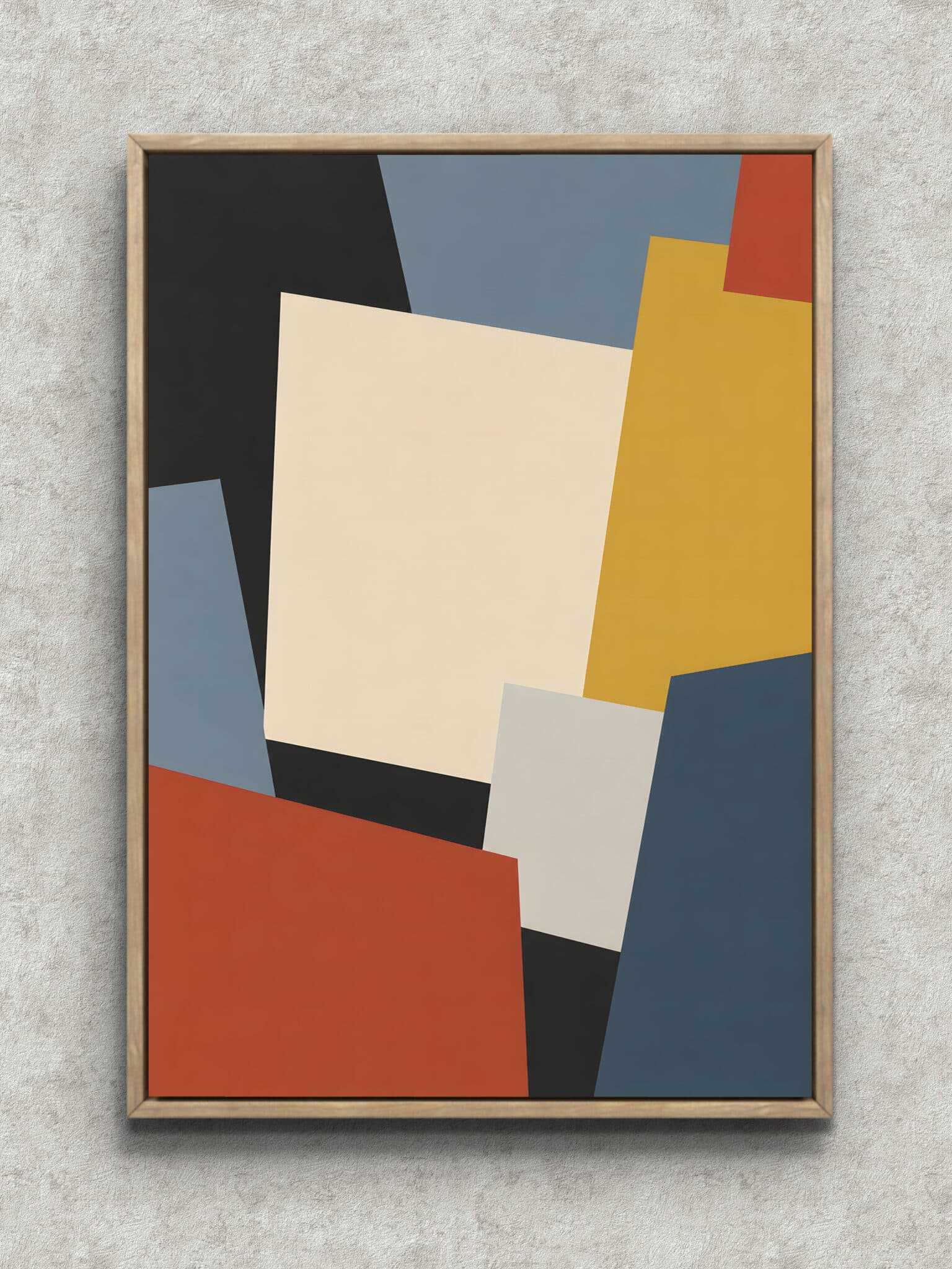 overlapping-color-planes-interior-art-main-1-ma-11132.jpg 斜めに重なる黒と生成りの色面で構成されたモダンな絵画 インテリアのアートパネル フレーム設置イメージ
