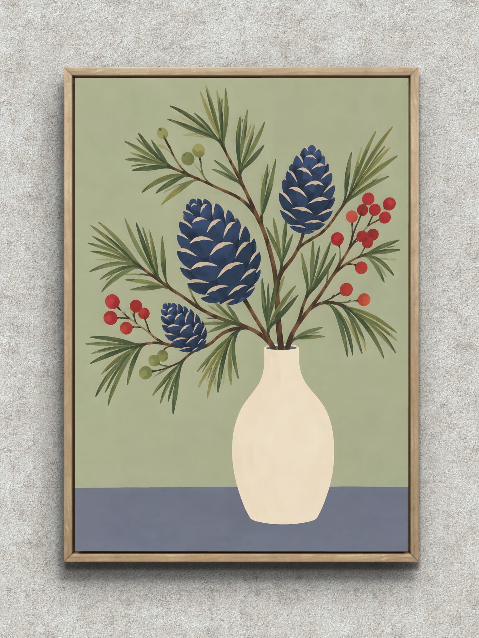 pinecone-vase-botanical-art-panel-main-1-ma-11119.jpg 白い花瓶に松ぼっくりと枝葉を生けた北欧調のボタニカルアートパネル フレーム設置イメージ