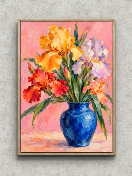 青い花瓶に色鮮やかな花を描いたピンク背景のフラワーアートパネル フレーム設置イメージ