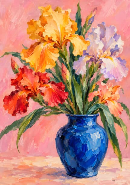 青い花瓶に色鮮やかな花を描いたピンク背景のフラワーアートパネル