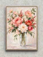 淡いピンクの大輪花と葉を花瓶に描いたフラワーアートパネル フレーム設置イメージ