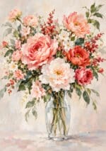 淡いピンクの大輪花と葉を花瓶に描いたフラワーアートパネル