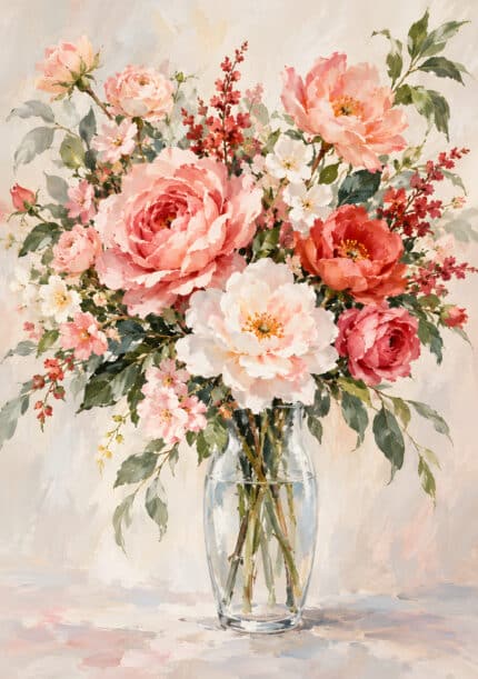 淡いピンクの大輪花と葉を花瓶に描いたフラワーアートパネル
