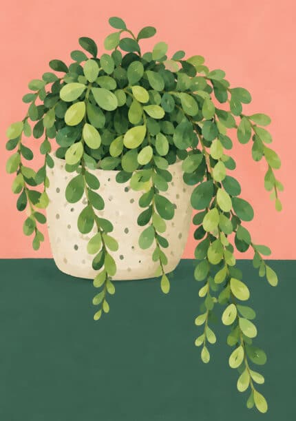 淡いピンク背景に鉢植えの葉がこぼれるように広がるリーフ 壁掛けアートのアートパネル