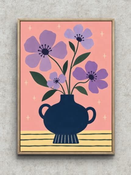 淡いピンク地に紫の花とネイビーの器を描いた北欧 壁掛けアートのアートパネル フレーム設置イメージ