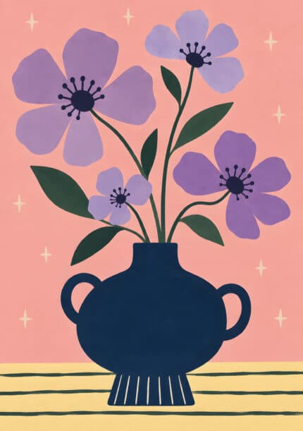 淡いピンク地に紫の花とネイビーの器を描いた北欧 壁掛けアートのアートパネル