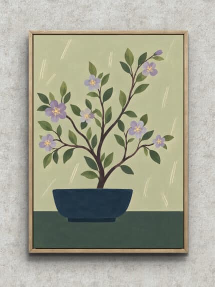 淡い黄緑の背景に紫の花と葉を広げる鉢植えの木のリーフ アートパネル フレーム設置イメージ
