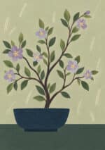淡い黄緑の背景に紫の花と葉を広げる鉢植えの木のリーフ アートパネル