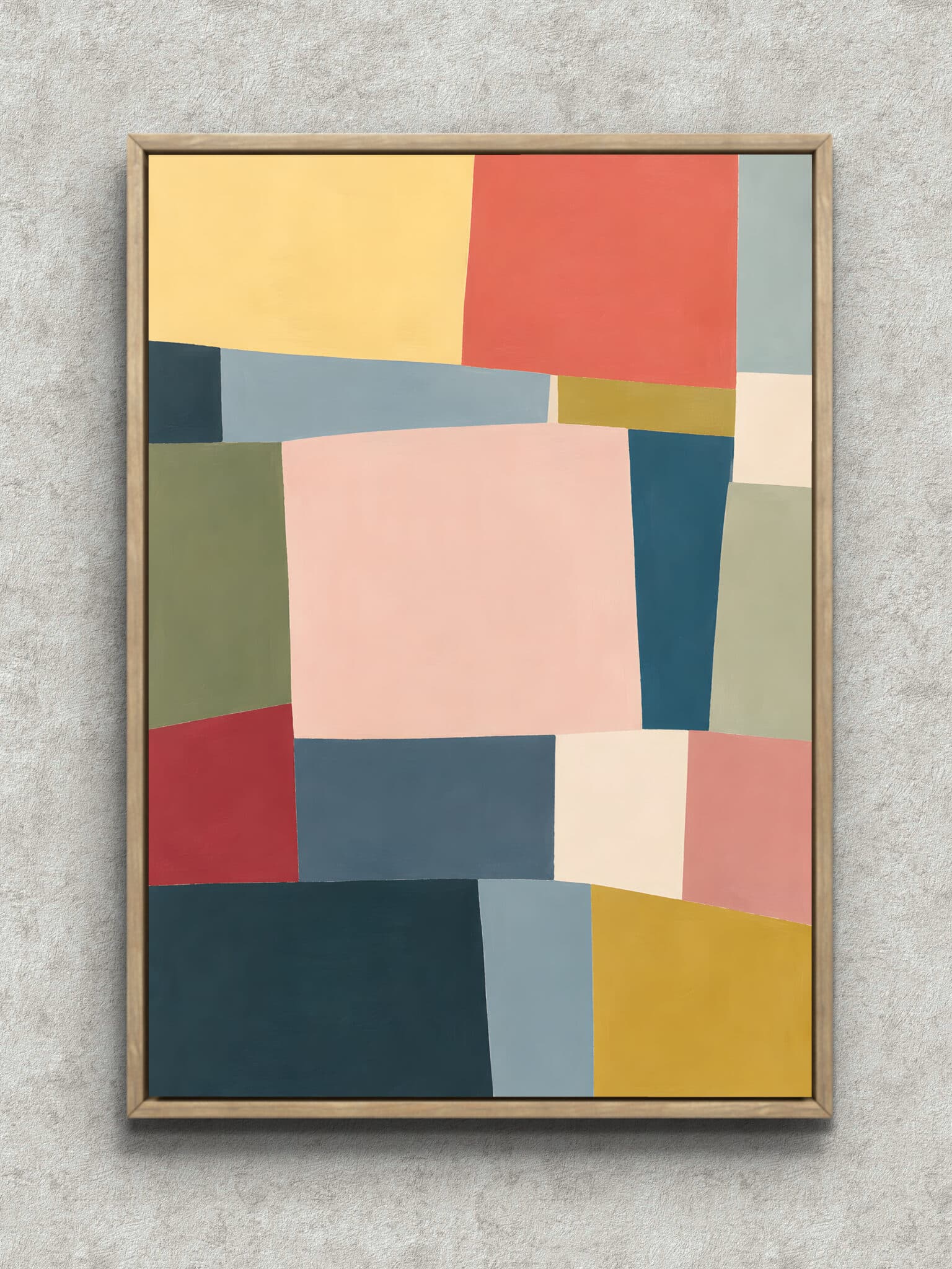 soft-color-block-interior-art-main-1-ma-11123.jpg 淡いピンクと青緑の色面が重なる縦構図の抽象アートパネル フレーム設置イメージ