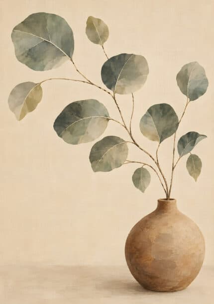 丸い葉の枝と陶器花器を描いたベージュ基調のボタニカルアートパネル